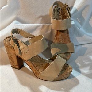 MRKT Suede Tan Platform Shoes with Chunky Heel and Multi-Strap Design